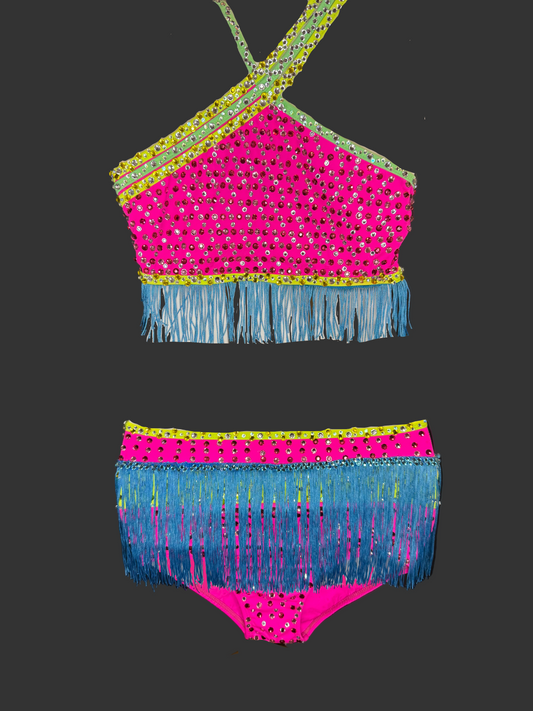 Electric Carnival – Weissman Size 10 Neon Pink Green & Blue Fringe 2-Piece Dance Costume Fully Hand-Stoned