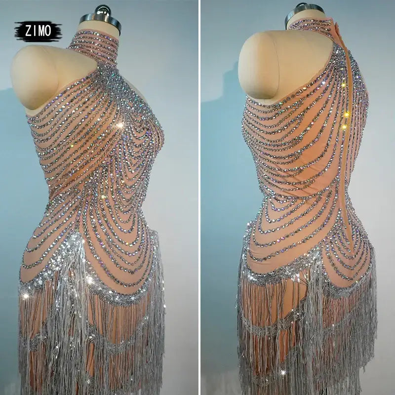 Elegant Rhinestone Fringe Tassel Dress – Sparkly Transparent Nightclub Outfit for Women Dancers & Birthday Celebrations