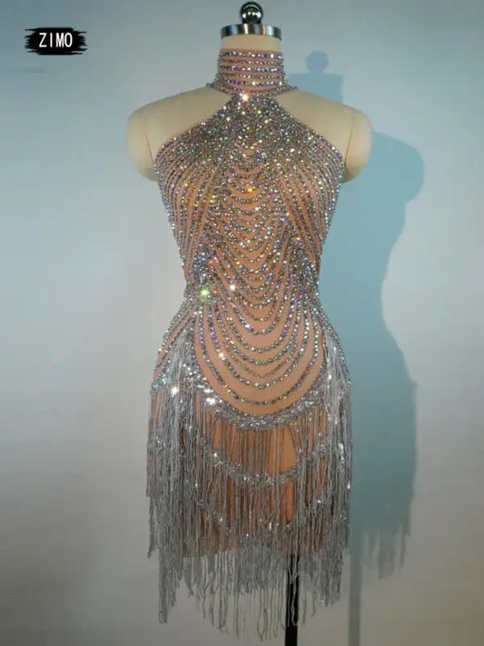 Elegant Rhinestone Fringe Tassel Dress – Sparkly Transparent Nightclub Outfit for Women Dancers & Birthday Celebrations