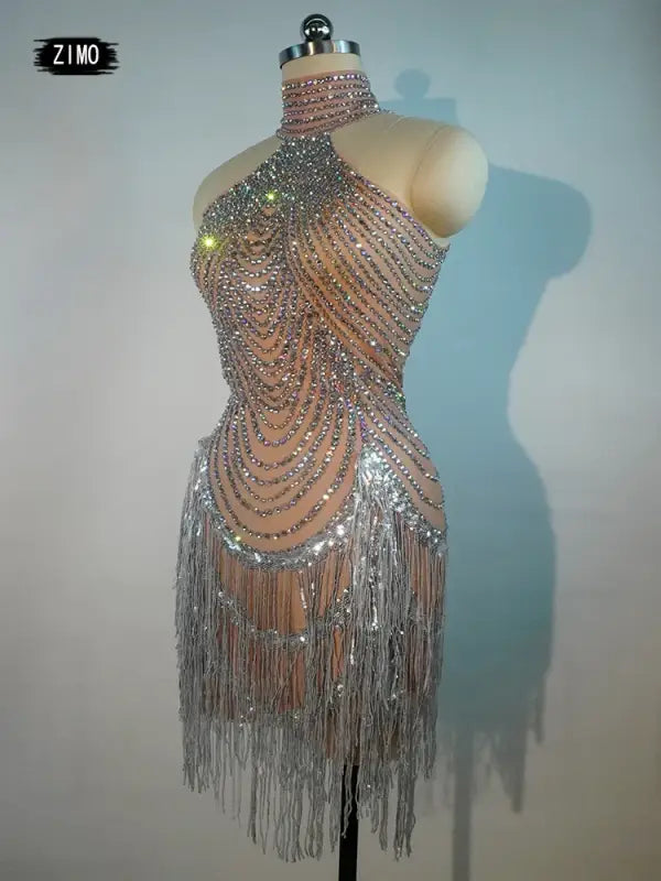 Elegant Rhinestone Fringe Tassel Dress – Sparkly Transparent Nightclub Outfit for Women Dancers & Birthday Celebrations