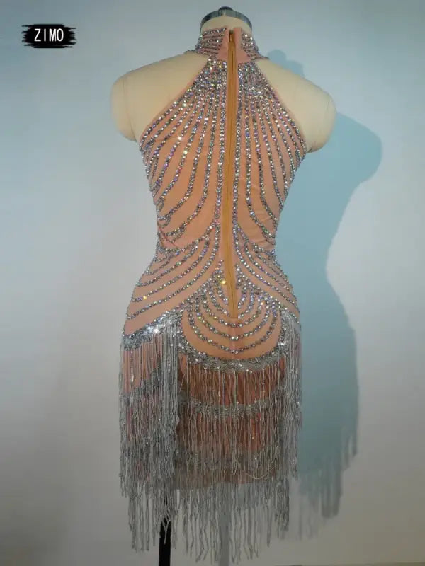 Elegant Rhinestone Fringe Tassel Dress – Sparkly Transparent Nightclub Outfit for Women Dancers & Birthday Celebrations