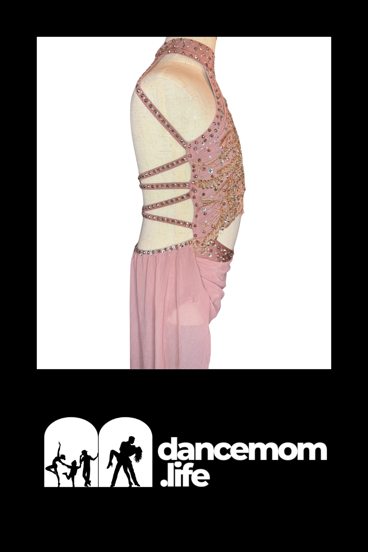 A pink dance leotard with a high neckline and intricate beaded straps.