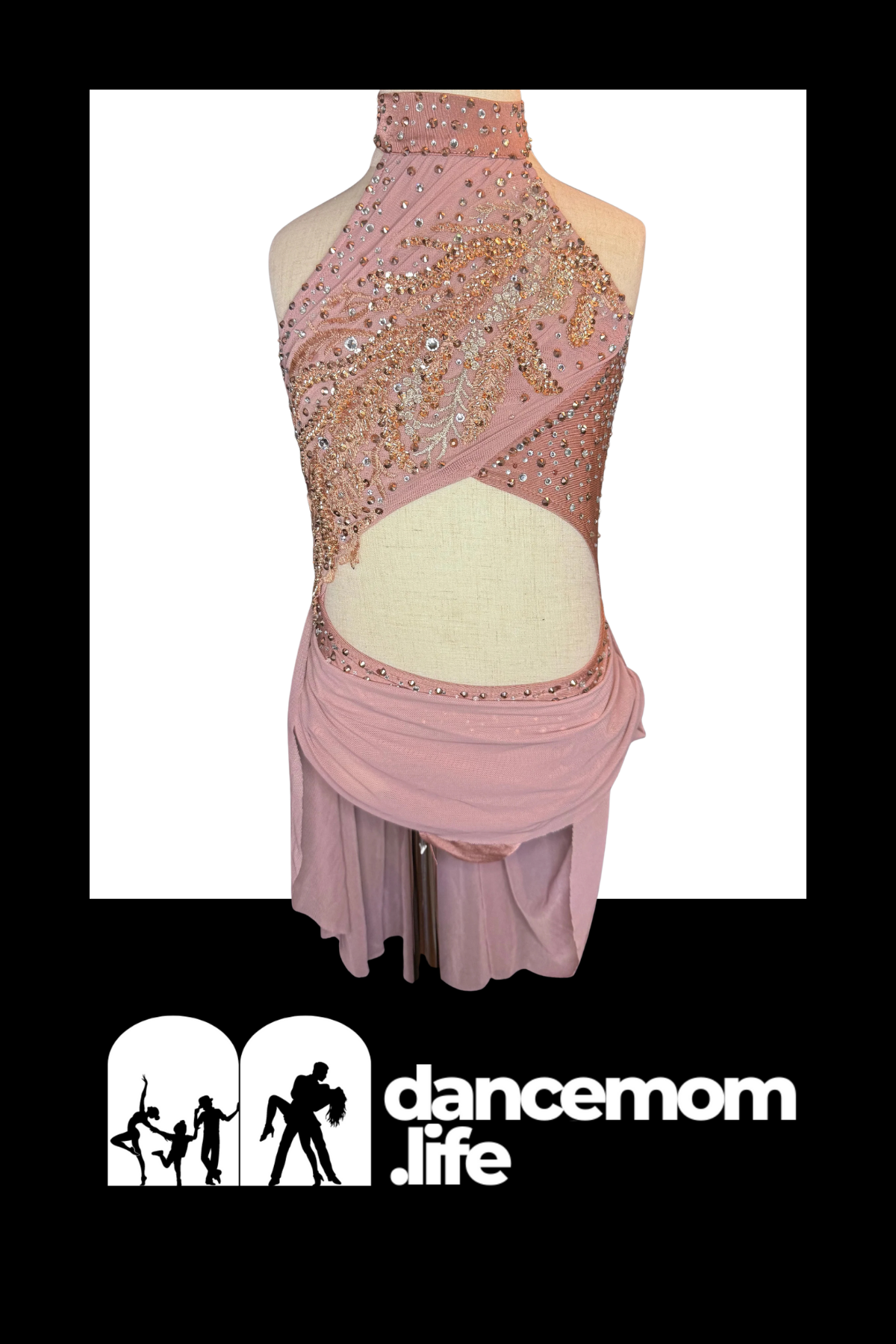 A delicate pink dance leotard with a high neckline, adorned with intricate gold and silver beading across the bodice.