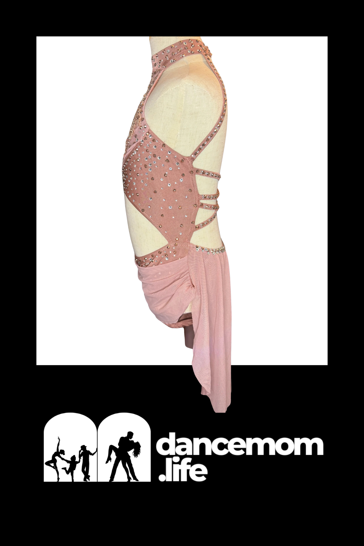 Pink sequined dance leotard with sheer mesh panels and a flowing skirt.