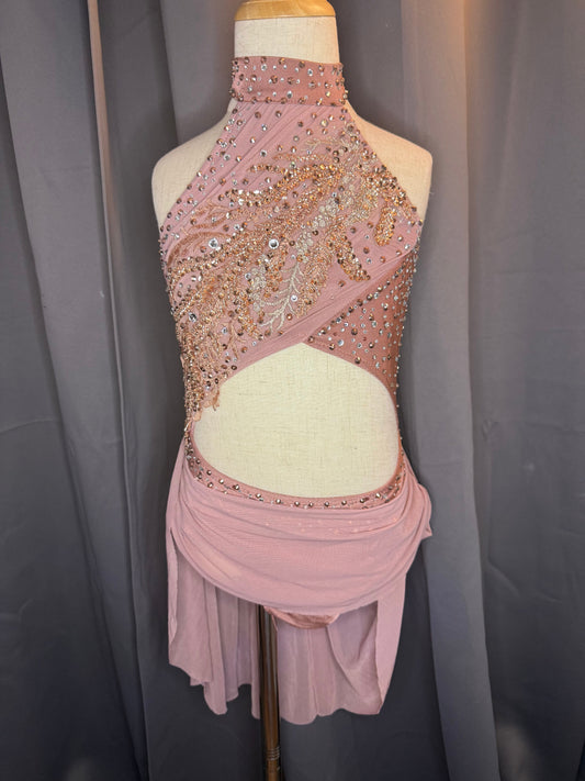 Gilded Grace – Rose Gold Lyrical Dance Costume with Rhinestone Embellishments (US 6)