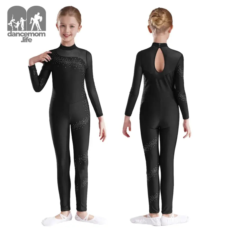 Black long-sleeved dance unitard with sparkly accents and keyhole back detail.