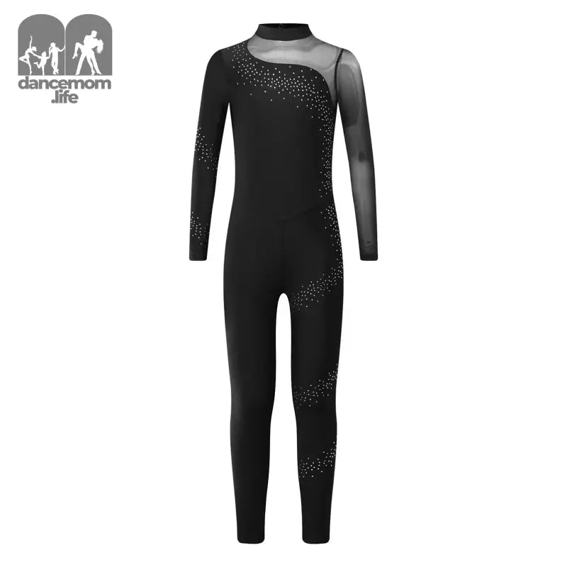 Black figure skating/gymnastics unitard with mesh sleeve and rhinestone embellishments.