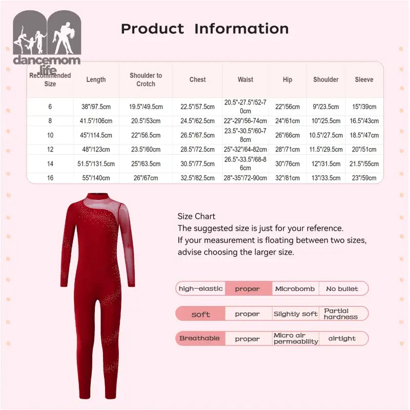 Red long-sleeved athletic jumpsuit with size chart information.