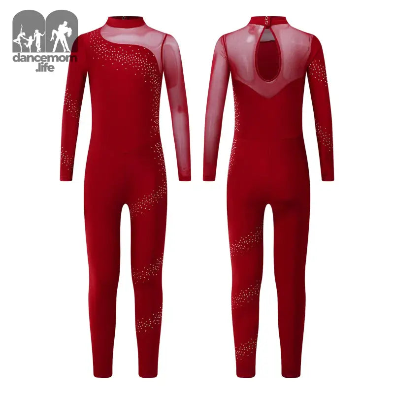 Red long-sleeved dance leotard with mesh panels and sparkly embellishments.