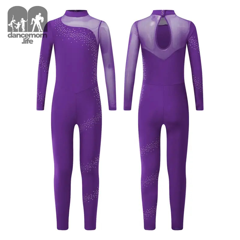 Purple long-sleeved dance/gymnastics leotard with mesh panels and sparkly embellishments.