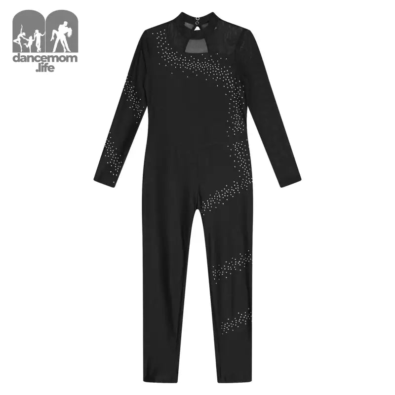 Black long-sleeved jumpsuit with sparkly rhinestone embellishments in a swirling pattern.