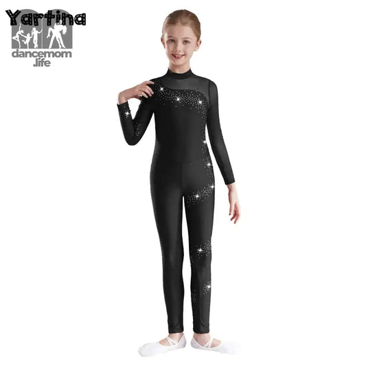 Black long-sleeved gymnastics or dance unitard with sparkly star details.