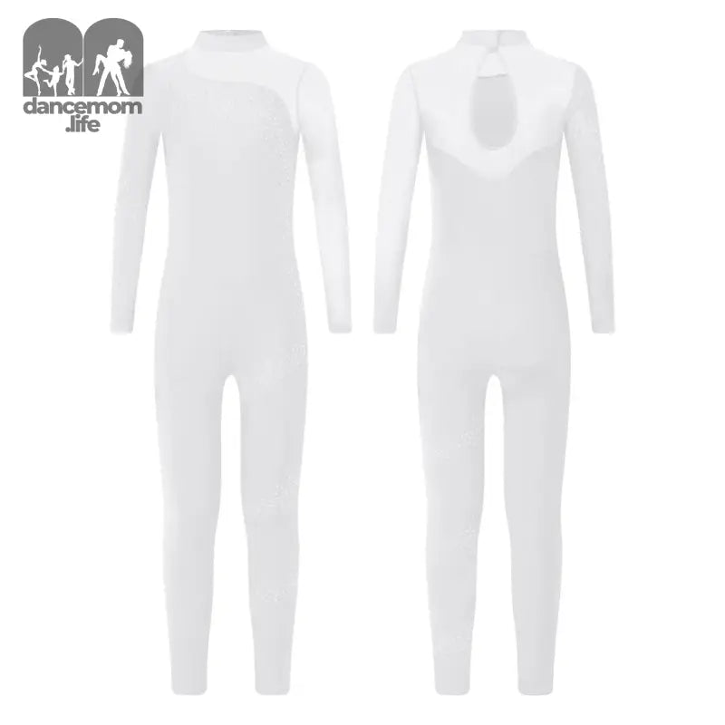 White full-body wetsuit with long sleeves and a keyhole back design.