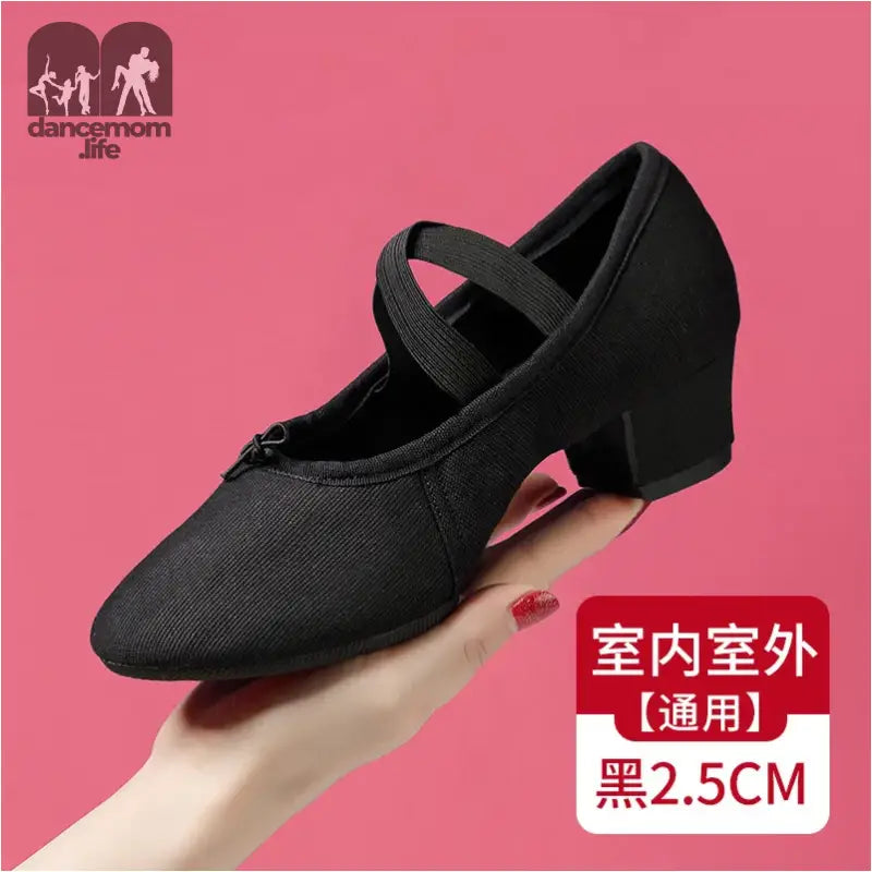 Black canvas dance shoe.