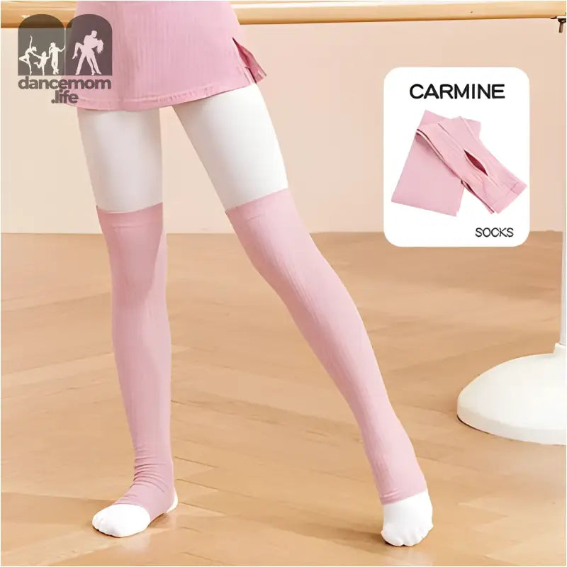 Pink and white color-blocked dance or yoga leggings with stirrups.