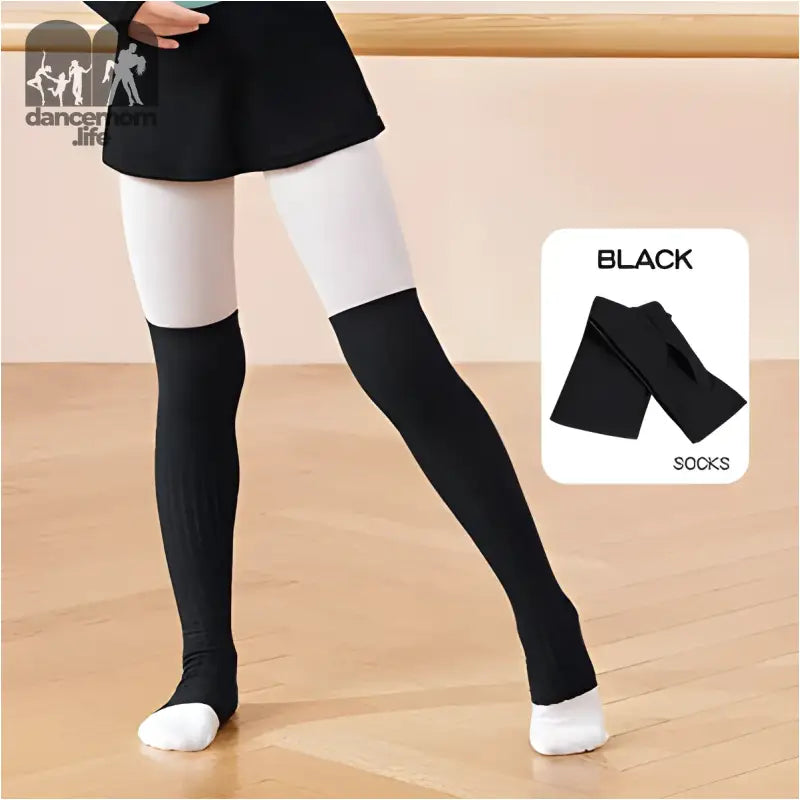 Black and white thigh-high dance leg warmers with contrasting color blocks.