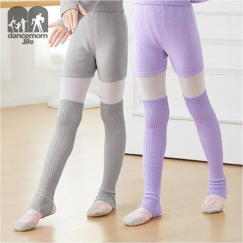 Ribbed knit leg warmers and shorts in gray and purple colors with ballet shoes.