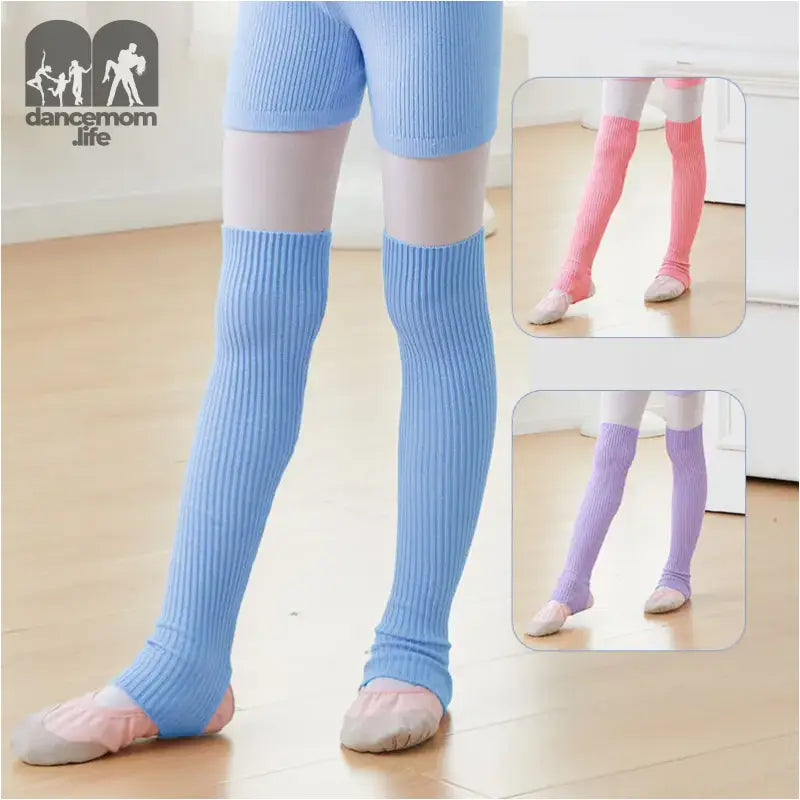 Ribbed leg warmers in blue, pink, and purple colors worn over ballet shoes.