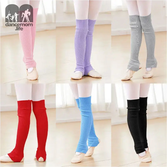 Knitted leg warmers in various colors including pink, purple, gray, red, blue, and black.