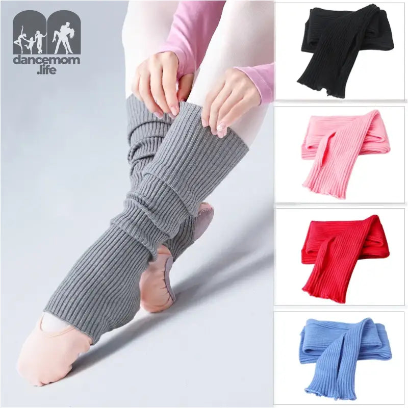 Knitted leg warmers shown in gray, black, pink, red, and blue color options.