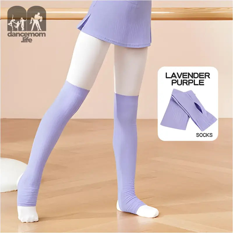 Lavender purple thigh-high socks with white toe and thigh sections.