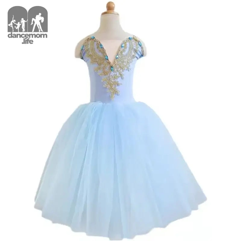 Light blue tulle ballet dress with gold embellished bodice and cap sleeves.