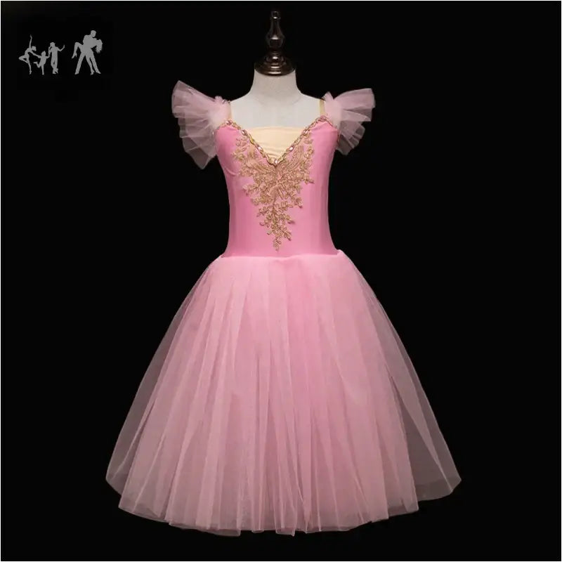 Pink ballet tutu dress with gold embellishments and tulle flutter sleeves.