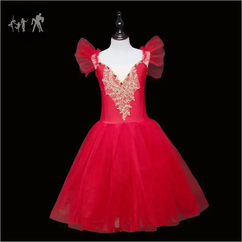 Red ballet tutu dress with gold embellishments and sheer puff sleeves.