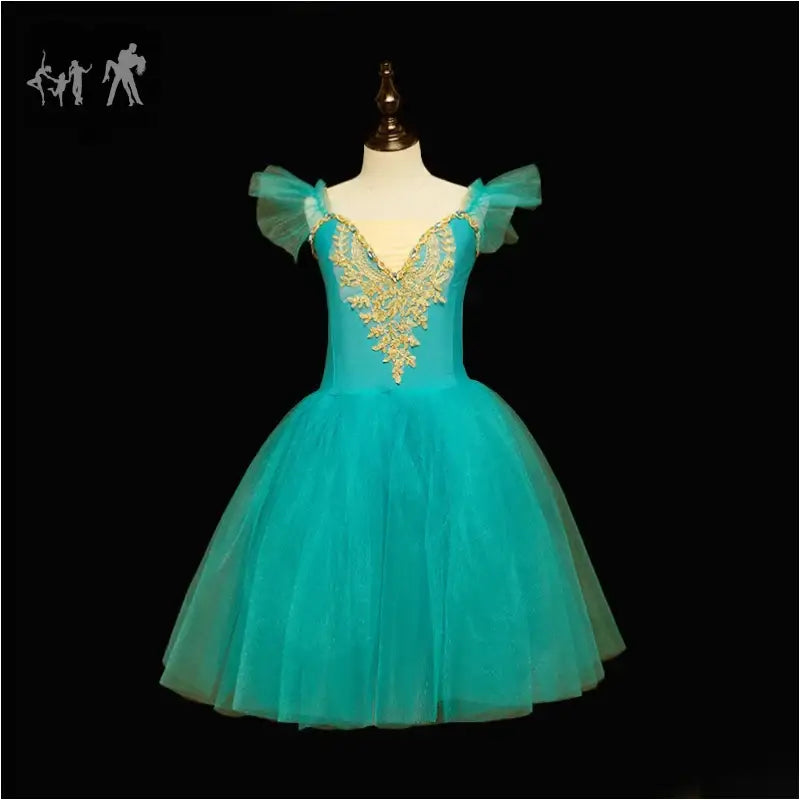 Turquoise tulle ballet dress with gold embroidered bodice and flutter sleeves.