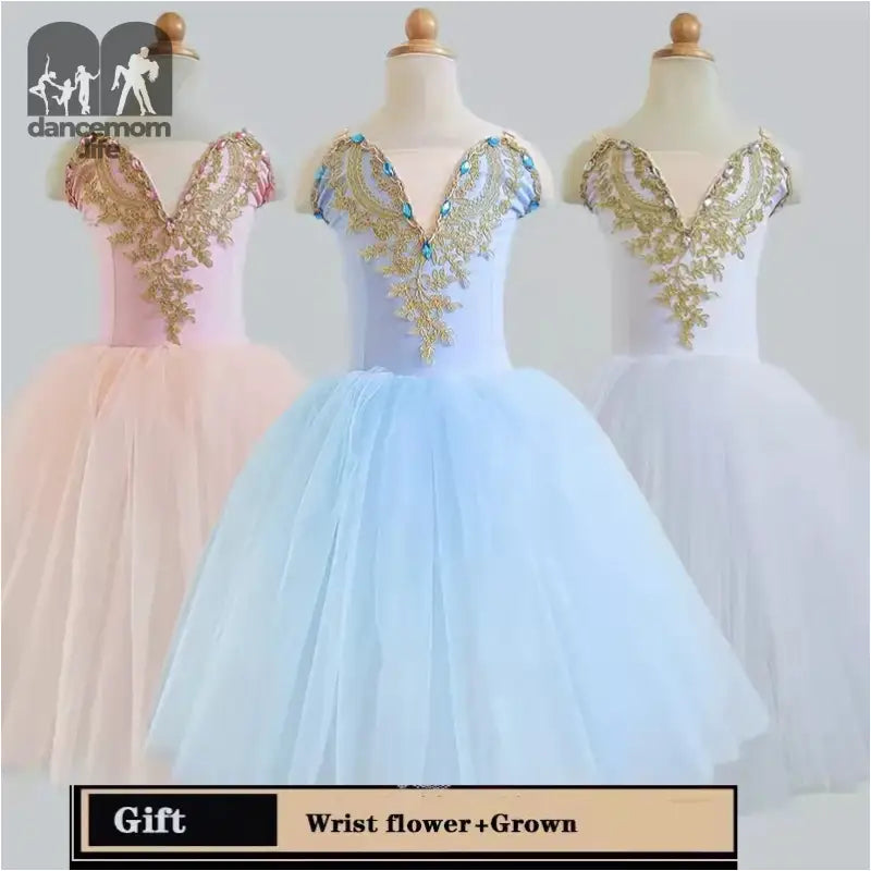 Three elegant ball gowns with embellished bodices in pink, blue, and white tulle.