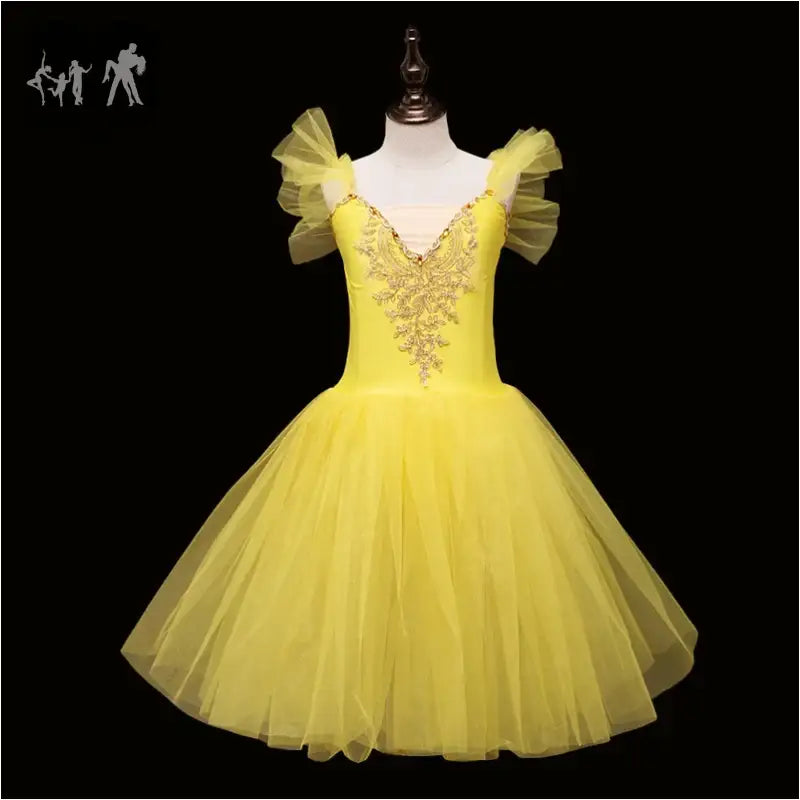 Yellow tulle ballet dress with beaded embellishments and ruffled cap sleeves.