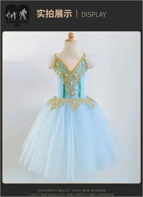 Light blue ballet tutu dress with gold embellishments and a fitted bodice.