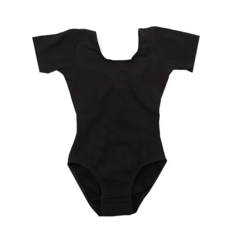 Black short-sleeved leotard with a scoop neckline.