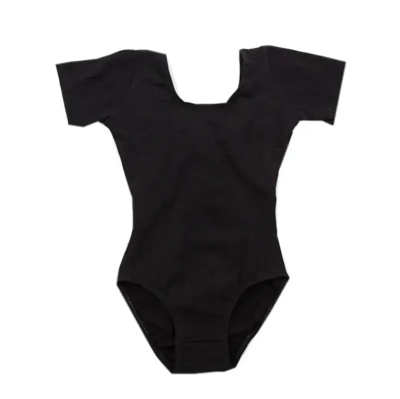 Black short-sleeved leotard with a scoop neckline.