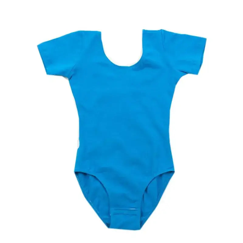 Bright blue short-sleeved leotard with a scoop neckline.