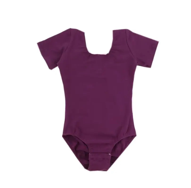 Purple short-sleeved dance leotard.