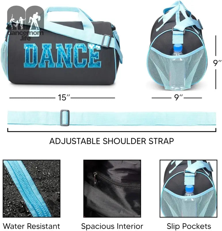 Dance Duffle Bag for Girls, Water-Resistant Kids Travel Bag with Adjustable Carry on and Handy Pouch, Dance Accessories for Girls (Black/Turquoise) One Size