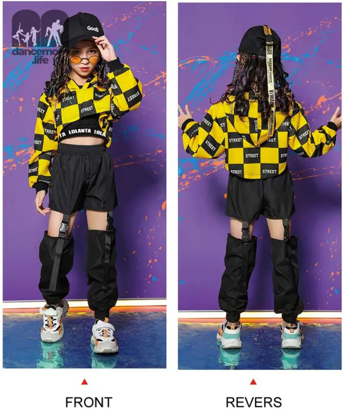 Girls Street Dance Costume Hip Hop Checkered Hoodie Sweatshirt Joggers Pants Outfits