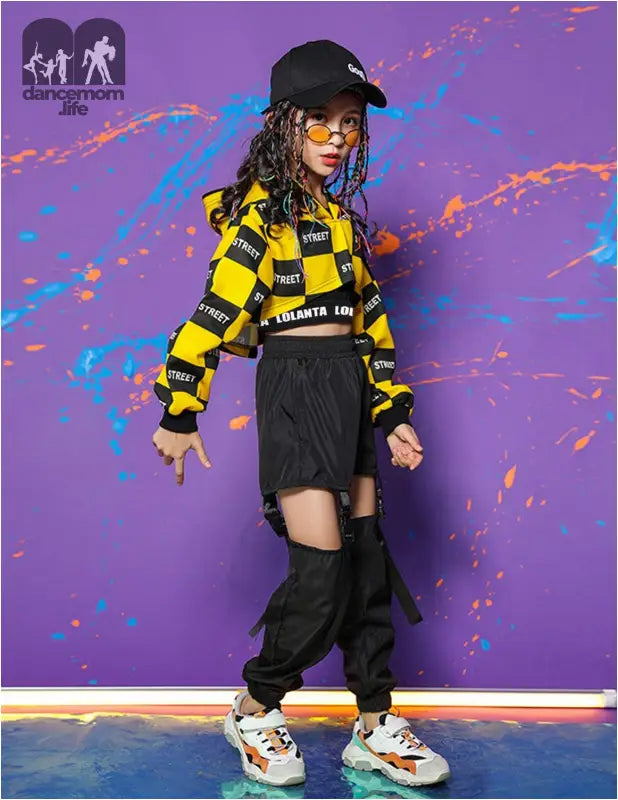 Girls Street Dance Costume Hip Hop Checkered Hoodie Sweatshirt Joggers Pants Outfits