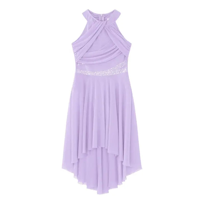 Lilac halter-neck dress with embellished waist.