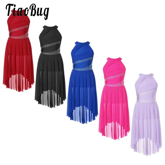 Assorted sleeveless dance dresses.