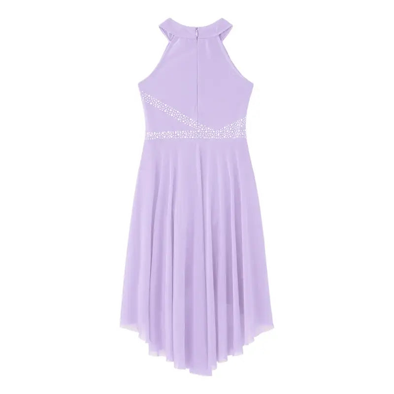 Lavender halter dress with beaded accents.