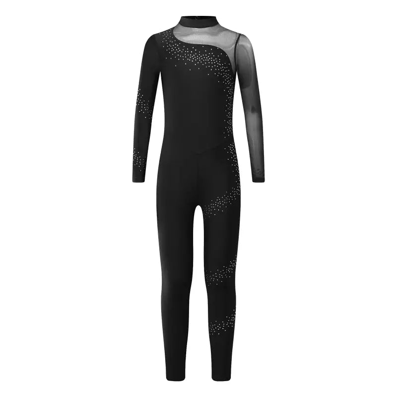Black figure skating/gymnastics unitard with mesh sleeve and rhinestone embellishments.