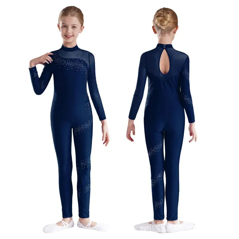 Navy blue long-sleeved dance unitard with sparkly accents and keyhole back detail.