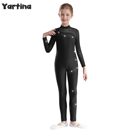 Black long-sleeved gymnastics or dance unitard with sparkly star details.