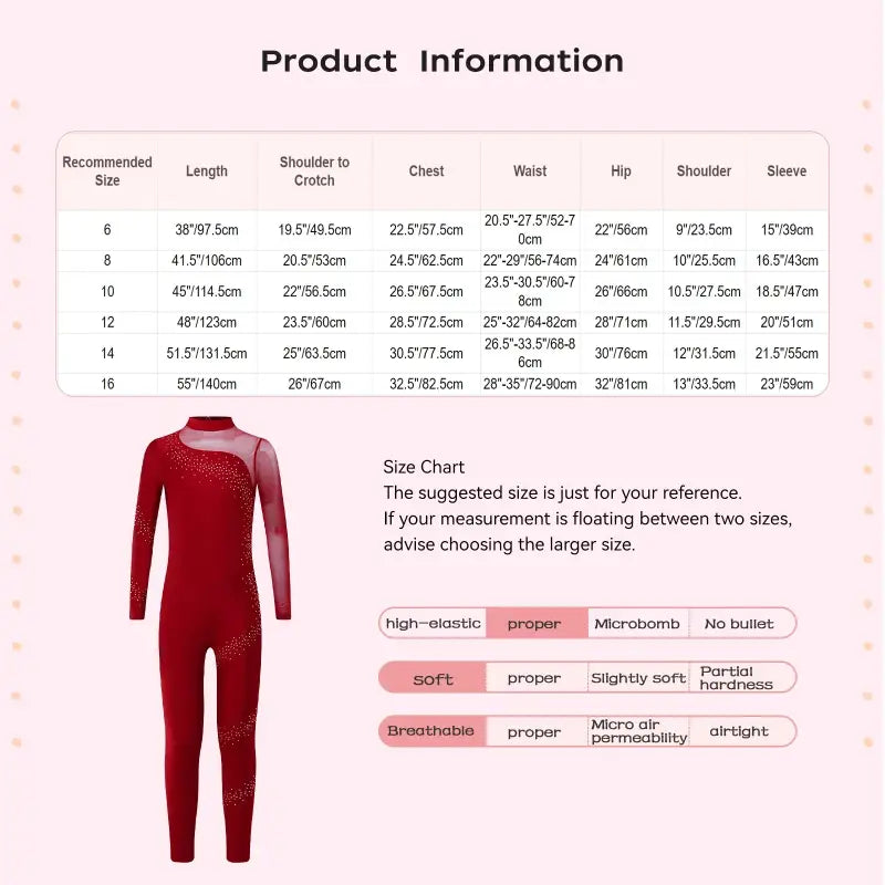 Red long-sleeved athletic jumpsuit with size chart information.