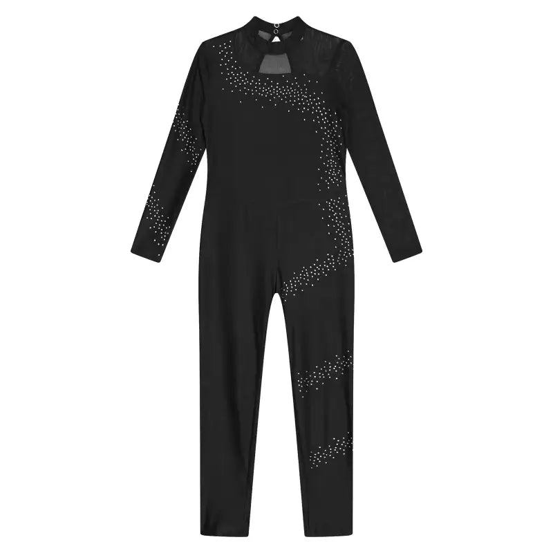 Black long-sleeved jumpsuit with sparkly rhinestone embellishments in a swirling pattern.
