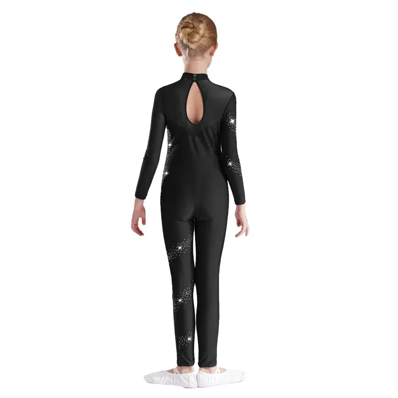Black long-sleeved dance unitard with sparkly star accents and a keyhole back.