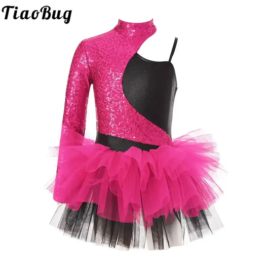 Hot pink and black dance costume with sequined top, asymmetrical design, and layered tulle skirt.