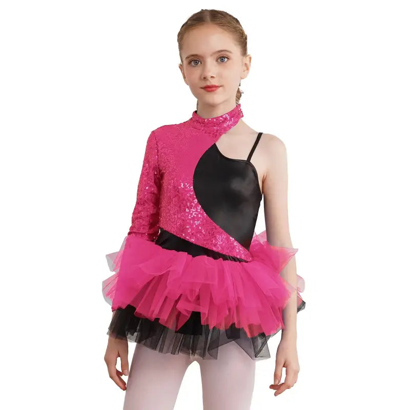 Hot pink and black asymmetrical dance costume with sequins, tulle skirt and one long sleeve.